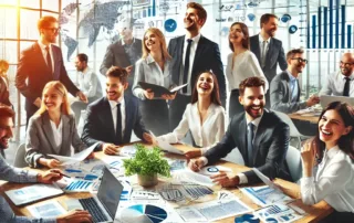 diverse group of professionals collaborating around a table in a bright, modern office setting, surrounded by laptops, charts, and documents, symbolizing teamwork and preparation for compliance tasks.