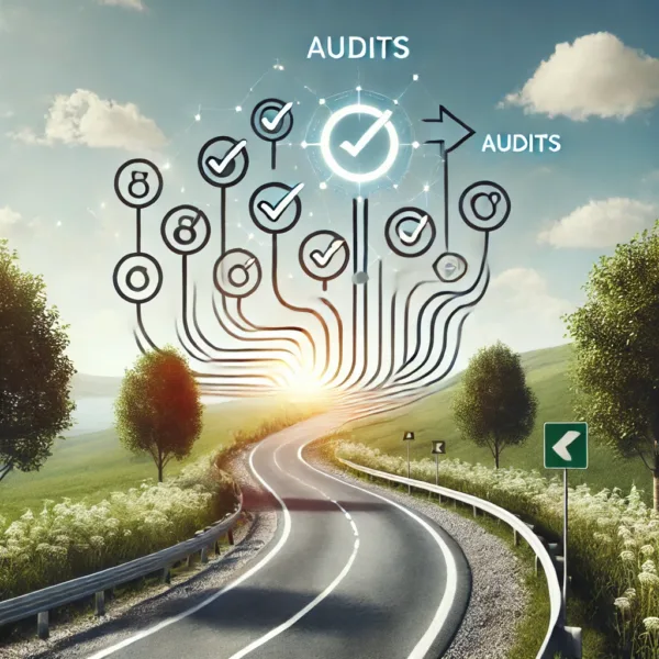 A symbolic outdoor scene featuring a winding road with abstract checkpoints, leading toward a bright horizon. The image represents compliance, audits, and regulatory success, with natural elements like trees and a clear sky conveying progress and guidance.